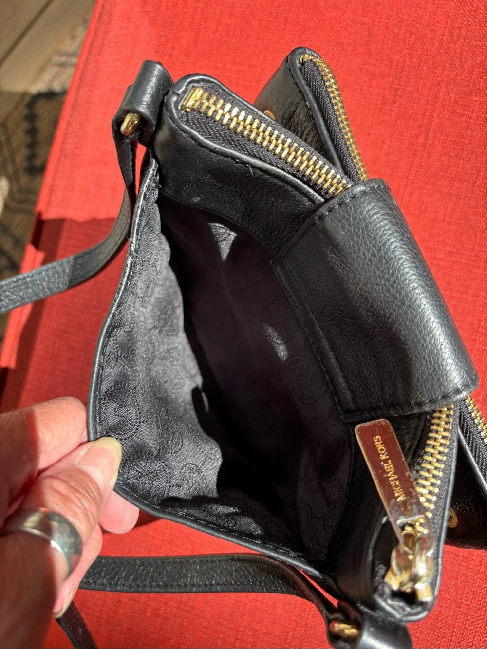 Michael Kors Black Leather Crossbody with Gold MK Emblem